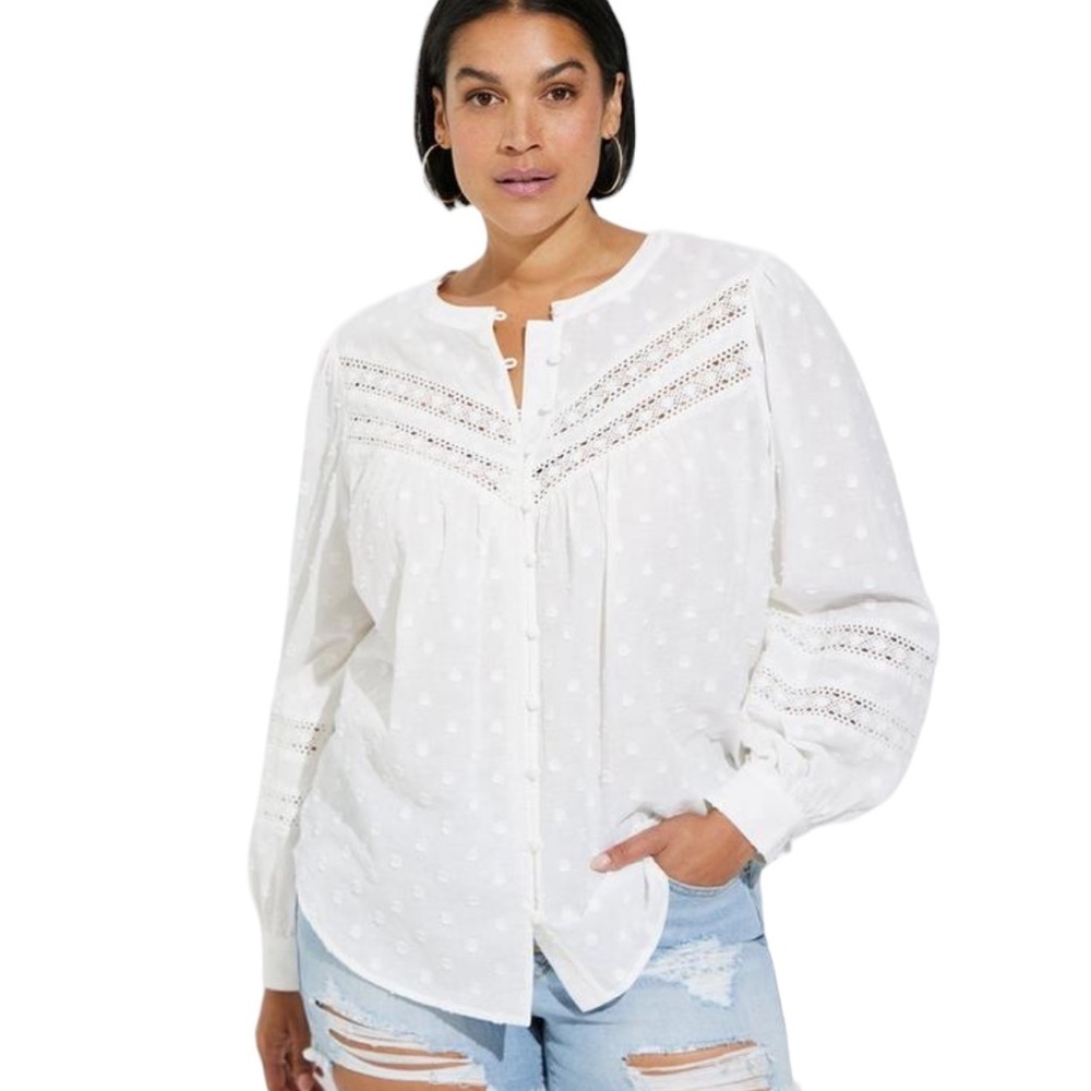 Size 2: Torrid Cotton Clip Dot Lace Trim Long Sleeve Top